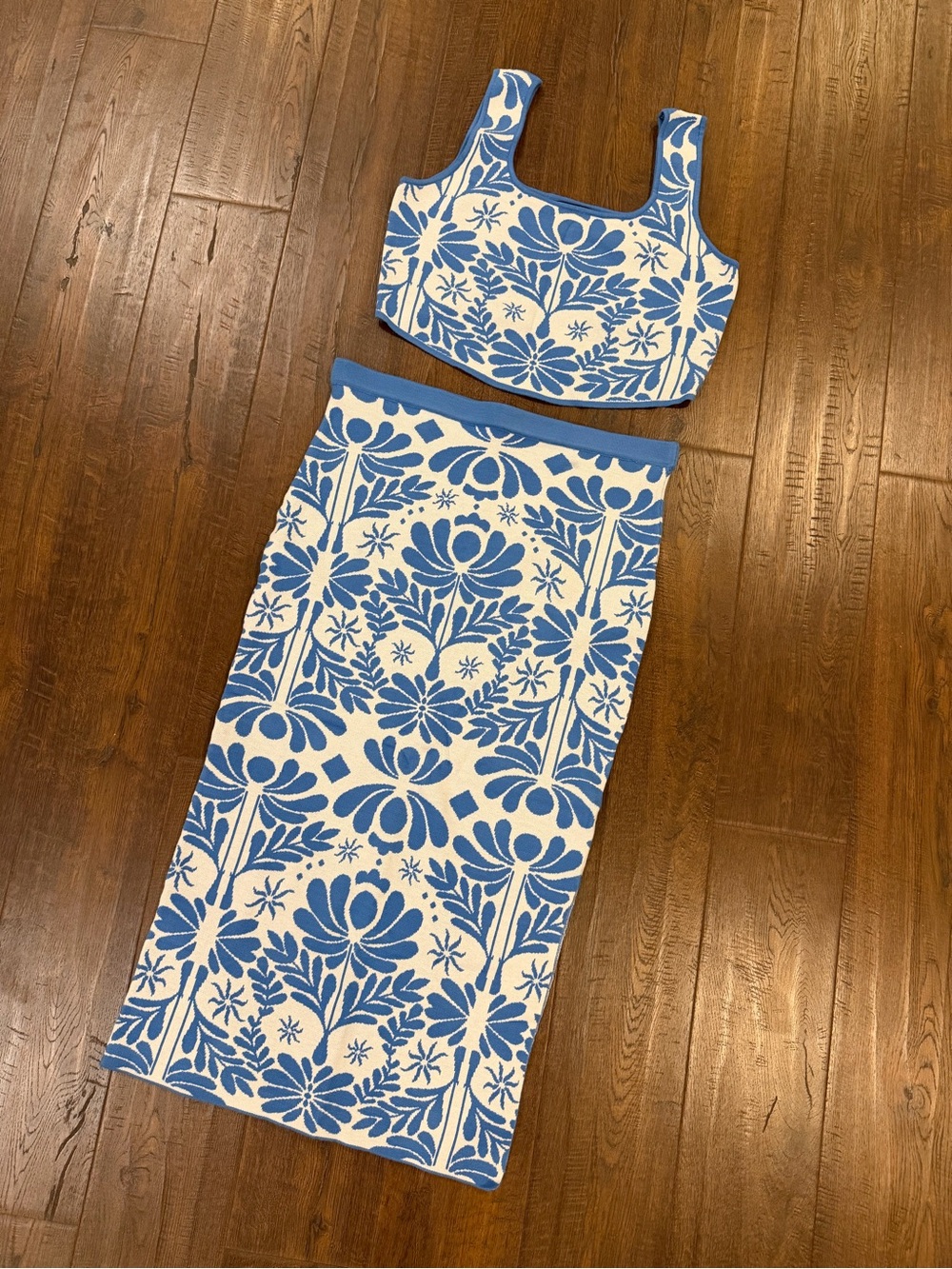 Vici Blue and White Floral Knit Two-Piece Set